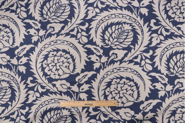 Lacefield Lisbon Printed Linen Drapery Fabric in Indigo