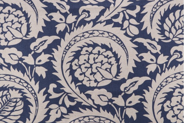 Lacefield Lisbon Printed Linen Drapery Fabric in Indigo