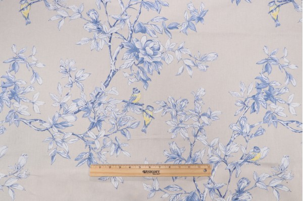 Kat Burki Sophia Printed Cotton Drapery Fabric in Tan/Blue