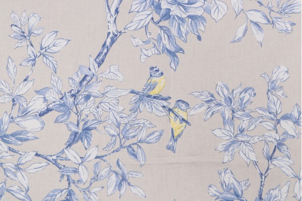 Kat Burki Sophia Printed Cotton Drapery Fabric in Tan/Blue