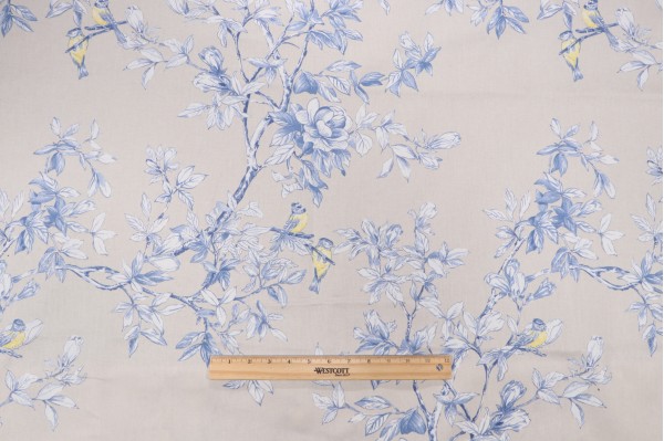 Kat Burki Sophia Printed Cotton Drapery Fabric in Tan/Blue