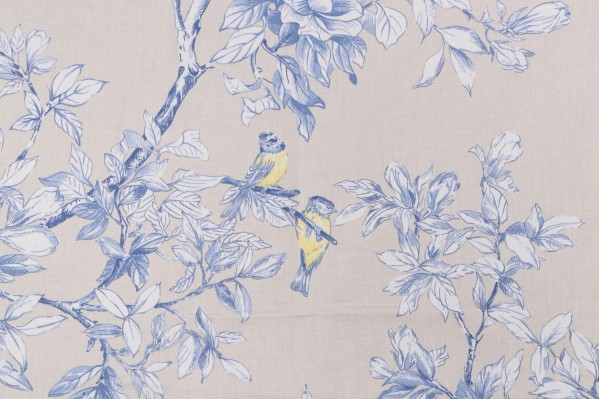 Kat Burki Sophia Printed Cotton Drapery Fabric in Tan/Blue