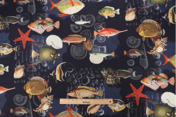 Hamilton Maldives Printed Cotton Drapery Fabric in Marine