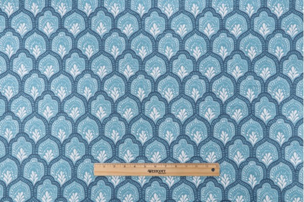 Lacefield Isla Printed Cotton Drapery Fabric in Cyan 