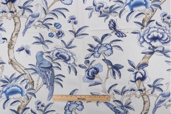Thibaut Giselle F914224 Printed Linen Blend Drapery Fabric in Blue and White