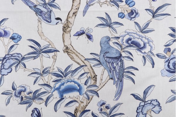 Thibaut Giselle F914224 Printed Linen Blend Drapery Fabric in Blue and White