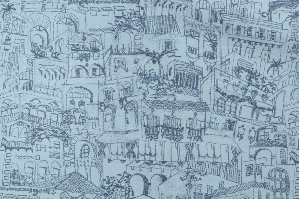 Lacefield Terra Printed Cotton Drapery Fabric in Steel Blue