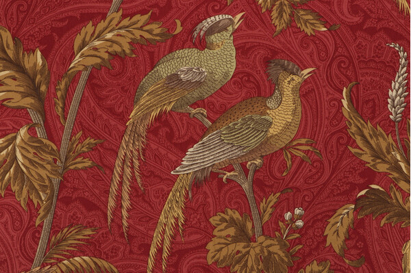 Braemore Pheasant Hunt Printed Cotton Twill Drapery Fabric in Garnet
