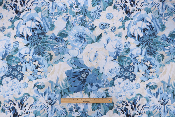 P Kaufmann Blooming Printed Cotton Drapery Fabric in Blues 