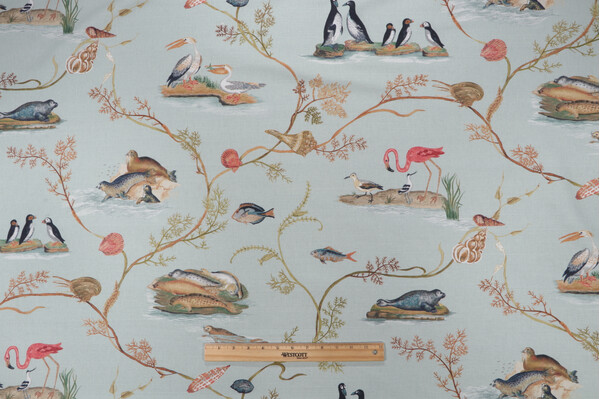P Kaufmann Marine Menagerie Printed Linen Blend Drapery Fabric in Aqua 