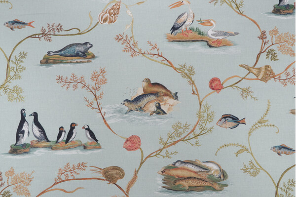 P Kaufmann Marine Menagerie Printed Linen Blend Drapery Fabric in Aqua 