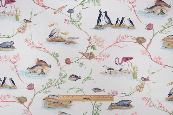 Sample of P Kaufmann Marine Menagerie Printed Linen Blend Drapery Fabric in Summer 