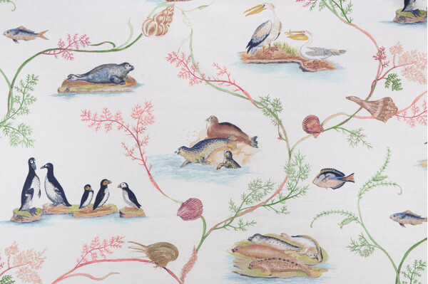 Sample of P Kaufmann Marine Menagerie Printed Linen Blend Drapery Fabric in Summer 