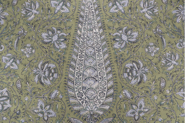 Sample of P Kaufmann Ashoka Printed Cotton Blend Drapery Fabric in Loden 