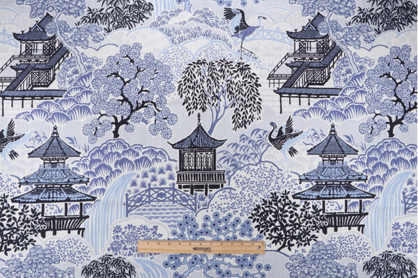 Mill Creek Tea House-Briard Printed Cotton Blend Drapery Fabric in Ocean Blue