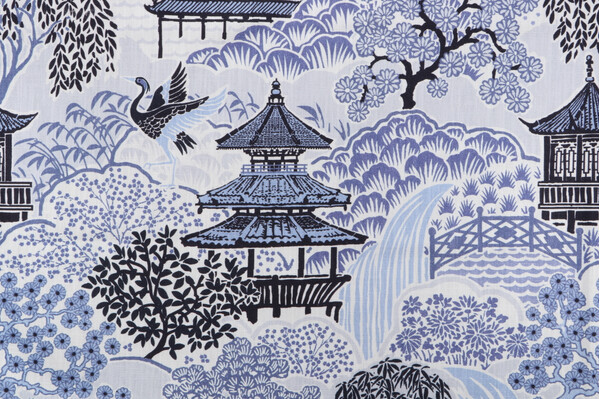 Mill Creek Tea House-Briard Printed Cotton Blend Drapery Fabric in Ocean Blue