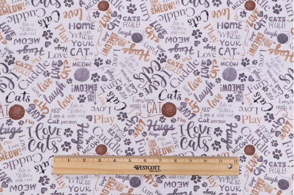 Timeless Treasures Quirky Cats - Ball Of Yarn and Text Printed Cotton Craft Fabric in Natural