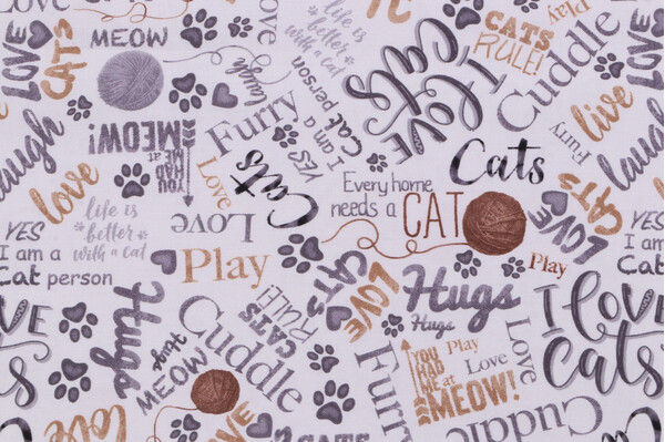 Timeless Treasures Quirky Cats - Ball Of Yarn and Text Printed Cotton Craft Fabric in Natural