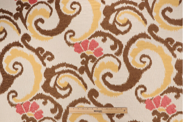 Click for 6.88 Yards Ikat Paisley Chenille Tapestry Upholstery Fabric in Coral/Multi Ikat Paisley Chenille Tapestry Upholstery Fabric in Coral/Multi