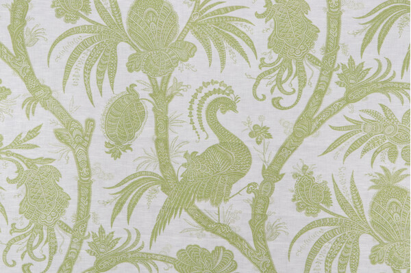 Scalamandre Balinese Peacock Printed Linen Drapery Fabric in Pear