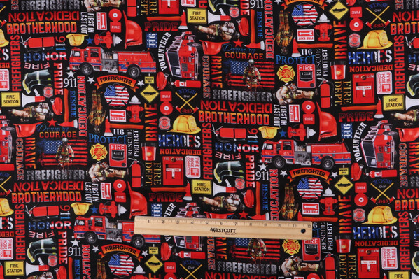 Fabrics Of SoHo Fire Rescue - Firefighter Equipment And Text Printed Cotton Craft Fabric in Black for Timeless Treasures