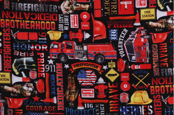 Fabrics Of SoHo Fire Rescue - Firefighter Equipment And Text Printed Cotton Craft Fabric in Black for Timeless Treasures