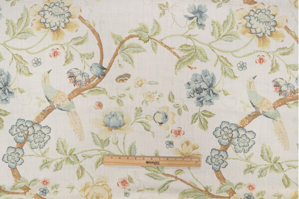 Acquitaine Water Garden Printed Linen Drapery Fabric in Porcelain