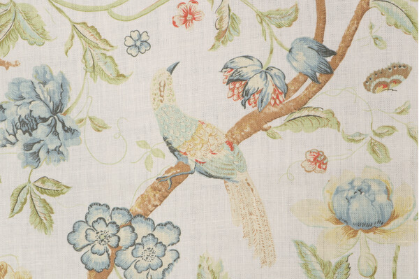 Acquitaine Water Garden Printed Linen Drapery Fabric in Porcelain
