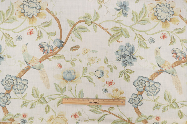 Acquitaine Water Garden Printed Linen Drapery Fabric in Porcelain