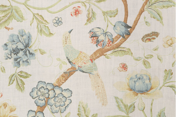 Acquitaine Water Garden Printed Linen Drapery Fabric in Porcelain