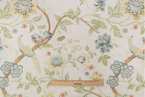 Acquitaine Water Garden Printed Linen Drapery Fabric in Porcelain