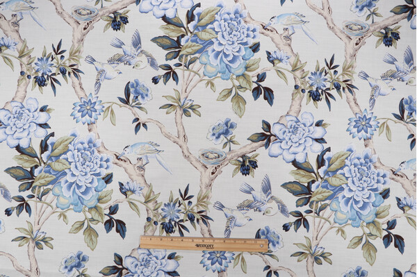Waverly Mudan Printed Cotton Drapery Fabric in Porcelain
