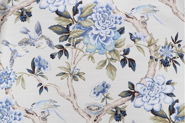 Waverly Mudan Printed Cotton Drapery Fabric in Porcelain