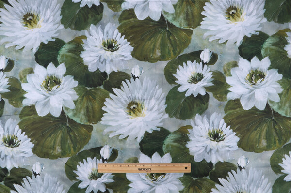 Stof France Nenuphar Printed Cotton Twill Drapery Fabric in Vert