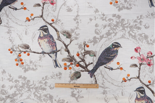 Birdland Printed Cotton Drapery Fabric in Opal