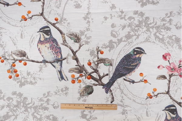 Birdland Printed Cotton Drapery Fabric in Opal