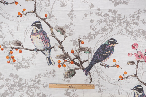 Birdland Printed Cotton Drapery Fabric in Opal
