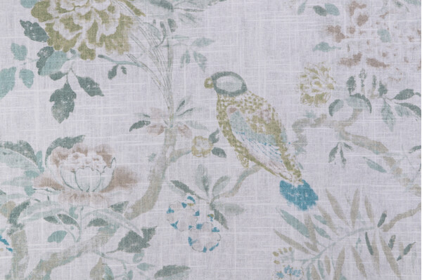 P Kaufmann Song Garden Printed Linen Blend Drapery Fabric in Lagoon 