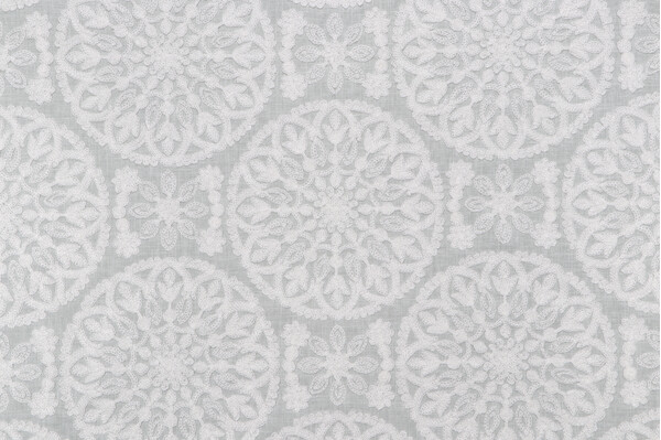 Sample of PK Lifestyles Lace Medallion Embroidered Decorator Fabric in Mist 