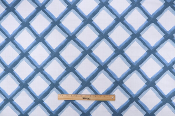P Kaufmann Diamond Row Printed Cotton Drapery Fabric in Blues 