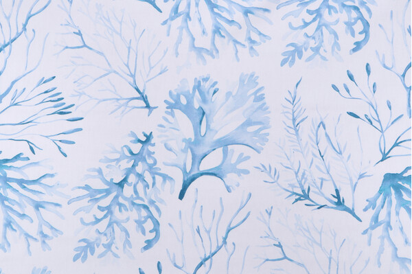 P Kaufmann Seaside Coral Printed Cotton Drapery Fabric in Ocean 
