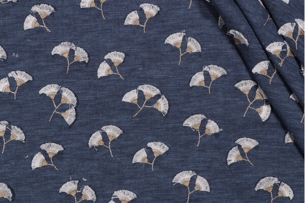 Sample of PK Lifestyles Whispering Leaf Embroidered Drapery Fabric in Denim 