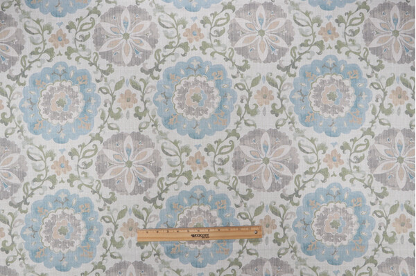 Sample of PK Lifestyles Soumak Suzani Printed Cotton Drapery Fabric in Vapor 