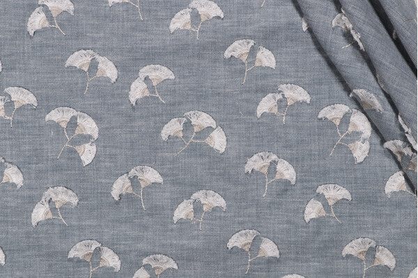 Sample of PK Lifestyles Whispering Leaf Embroidered Drapery Fabric in Chambray 