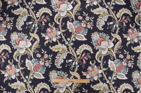 1 Yard Floral Printed Cotton Drapery Fabric in Navy/Multi