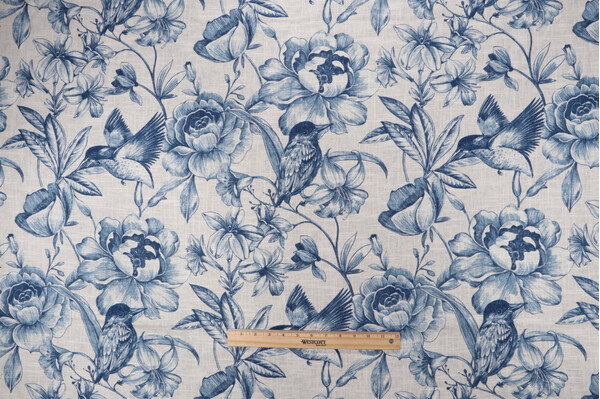 Covington Colibri Printed Linen Blend Drapery Fabric in 593-Indigo