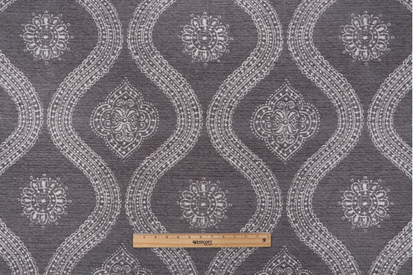 Covington Lucca Woven Chenille Damask Upholstery Fabric in 920-Heather Grey 