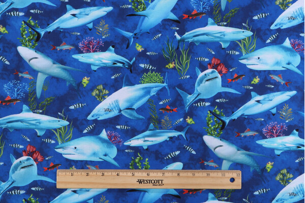 Timeless Treasures Ocean Life - Reef Shark & Fishes Printed Cotton Craft Fabric in Deep