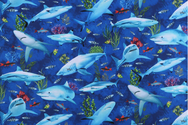 Timeless Treasures Ocean Life - Reef Shark & Fishes Printed Cotton Craft Fabric in Deep