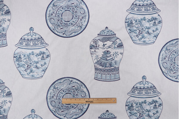 P Kaufmann Ming Embroidered Drapery Fabric in Porcelain 